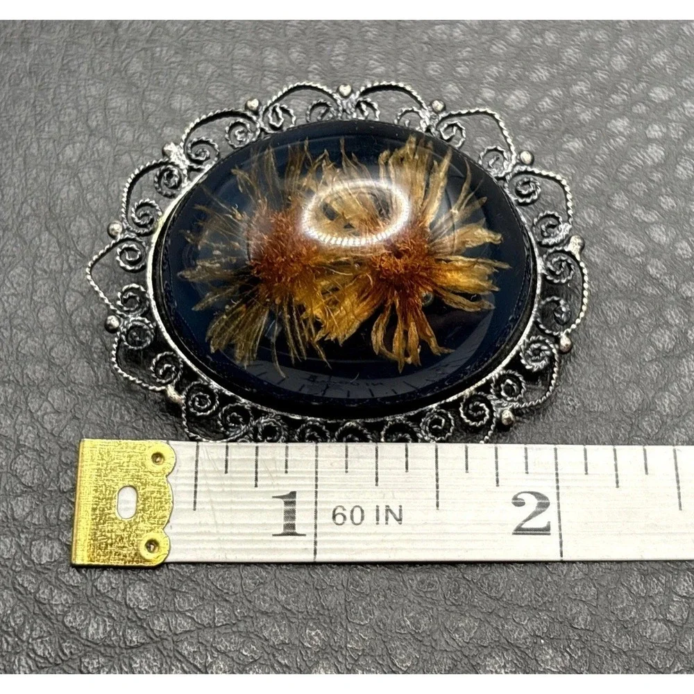 Vintage Victorian Revival Pressed Flowers Brooch Pendant Oval Resin Silver Tone